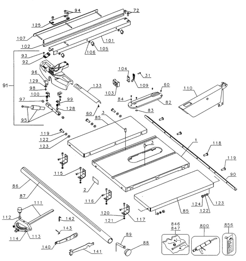 Table Diagram and Parts List for DW746TY1  Black and Decker Table Saw